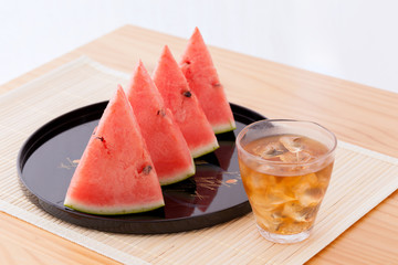 スイカ、茣蓙、ござ、盆