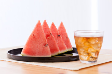 スイカ、茣蓙、ござ、盆