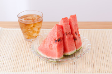 スイカ、茣蓙、ござ、麦茶