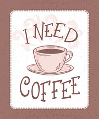 vector hand drawn coffee lettering banner with brown frame