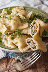 German cuisine: Maultaschen with spinach and meat close up on a plate. Vertical

