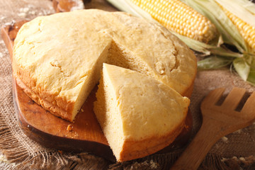 Homemade fresh-baked corn bread close-up. Horizontal
