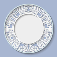 3D round frame, vignette with ornaments, lace frame,  bas-relief ornament,  festive pattern, white pattern, template greetings, vector