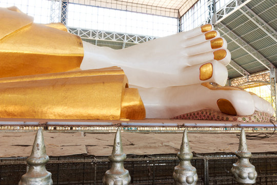 The foot of the Shwethalyaung buddha the giant reclining (Sleep Buddha) in Myanmar.