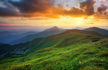 Fototapeta na wymiar Mountain valley during sunrise. Natural summer landscape.