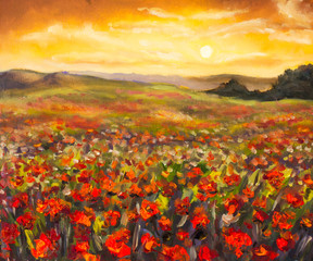 Panele Szklane  Kolorowe pole czerwonych maków o zachodzie słońca ręcznie wykonany obraz olejny na płótnie. Sztuka impresjonistyczna.