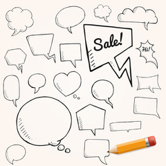 Vector set of talk and think bubbles with yellow pencil, group of oodle speech bubles on white background