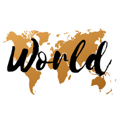 Vector gold world map on white background, doodle. World map vector. World Gold map design. World map art. World map illustration. World map sign. World map flat. World map picture. World text.