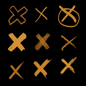 Vector set of hand-drawn cross, doodle gold illustration on black background, hand drawn group of object