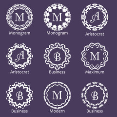 Set of creative monograms. Template ornament line design for business identity. Abstract emblems in vector