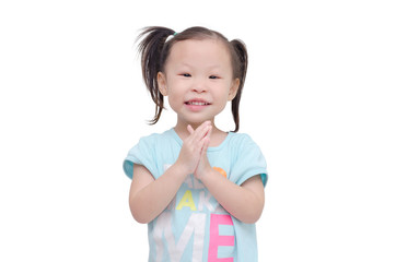 Little asian girl smiles over white background