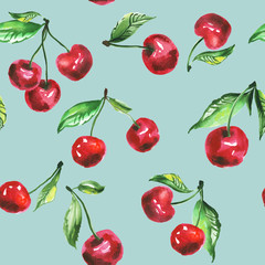 artistic seamless pattern with red cherry illustration. watercol