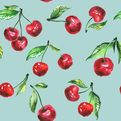 artistic seamless pattern with red cherry illustration. watercol