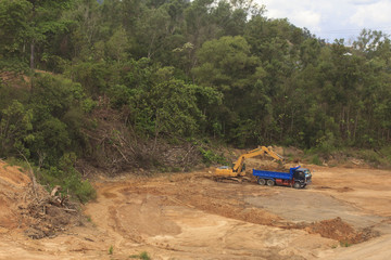 Deforestation environmental destruction of Borneo rainforest. Clearing jungle forest to make way for oil palm plantations. © Richard Carey