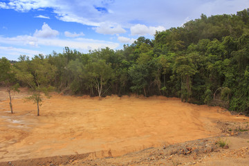 Deforestation environmental destruction of Borneo rainforest. Clearing jungle forest to make way for oil palm plantations.