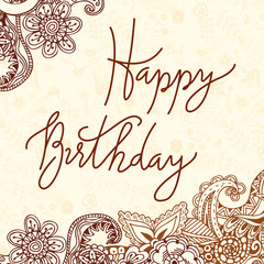Vector hand lettering. Happy birthday greeting card with calligraphy. Design black and white overlay