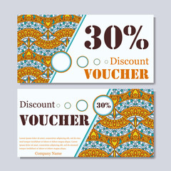 Gift voucher template with mandala. Design certificate for sport or yoga center, magazine or etc. Vector gift coupon with ornament on background.