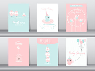 Fototapeta na wymiar Set of baby shower invitation cards,birthday cards,poster,template,greeting cards,animals,cute,birds,Vector illustrations