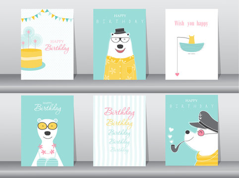 Set of birthday cards,poster,invitation cards,template,greeting cards,animals,bears,Vector illustrations