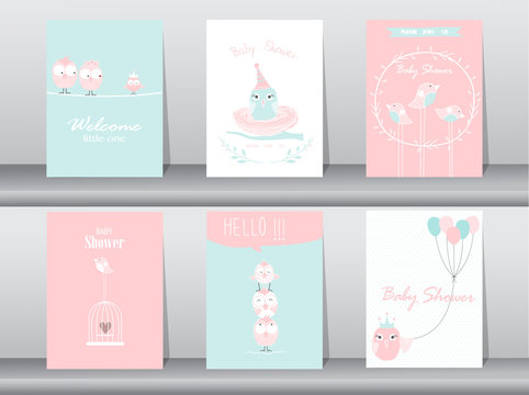 Set of baby shower invitation cards,birthday cards,poster,template,greeting cards,animals,cute,birds,Vector illustrations