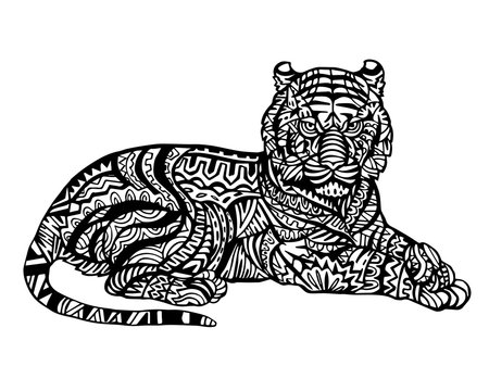 Ethnic Animal Doodle Detail Pattern - Tiger Zentangle Illustration