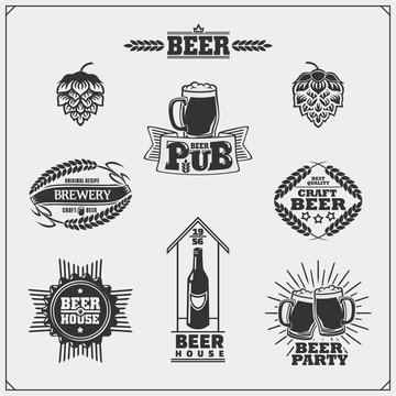Beer set. Labels, stickers, emblems, symbols and design elements.