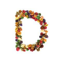 D, Dried flower alphabet isolated on white background