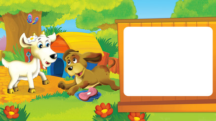 Cartoon farm scene with dog and goat having fun outside on the farm - illustration for children