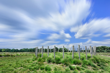 Fototapeta na wymiar Long exposure shot of Heathland with ancient burial mounds and dramatic clouds, The Netherlands.