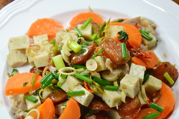 Vietnamese and Chinese pork sausage spicy salad on dish