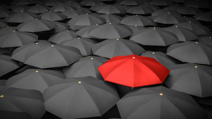 Leadership or distinction concept. Red umbrella and many black umbrellas around. 3D rendered illustration. - obrazy, fototapety, plakaty