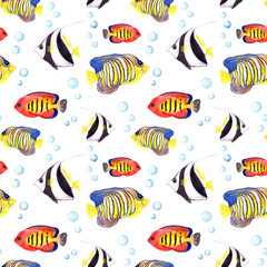 Tropical fishes. Repeating seamless pattern. Watercolor