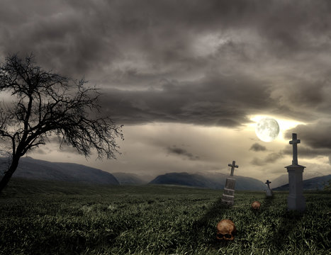 Spooky Halloween graveyard with dark clouds