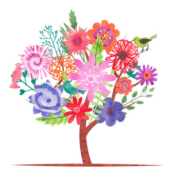 Watercolor blossom tree with abstract colorful flowers and birds. Vector  illustration. Stock Vector | Adobe Stock
