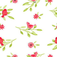 Watercolor seamless pattern with cute birds, flowers and branches. Vector floral background in green and red colors. 