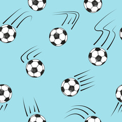 Seamless pattern with doodle soccer balls on blue. Vector football  background. 
