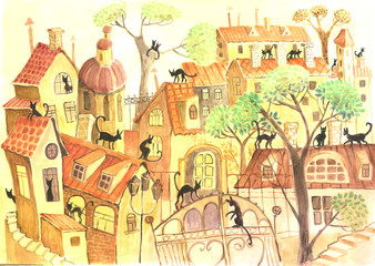 Obrazy na Plexi  miasto i koty, akwarela