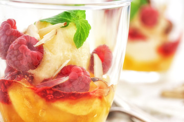 Peach Melba ice cream dessert close up