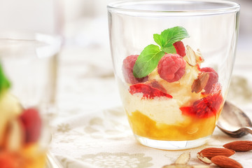 Peach Melba ice cream dessert close up