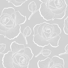 Tapeten Rosen Weiße Umrissrosen auf grauem nahtlosem Muster