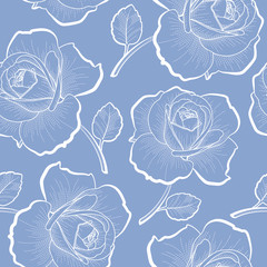 White outline roses on blue seamless pattern