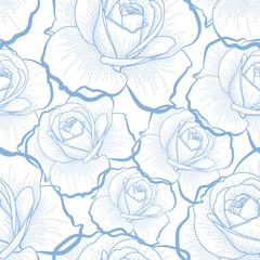 Blue outline roses on white seamless pattern
