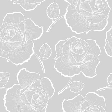 White outline roses on gray seamless pattern