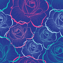 Color outline roses on blue background vector seamless pattern