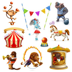 Circus, funny animals, set of vector icons, mesh © Natis