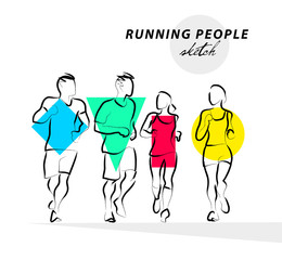 Vector hand drawn active people sketch isolated on white background. Running man silhouette. Ink drawing. Sportsman figure. Human jogging.