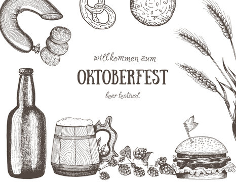 Vector illustration of beer. Raw material for brewing. Pub menu. Beer set. Snack sausages and hamburger