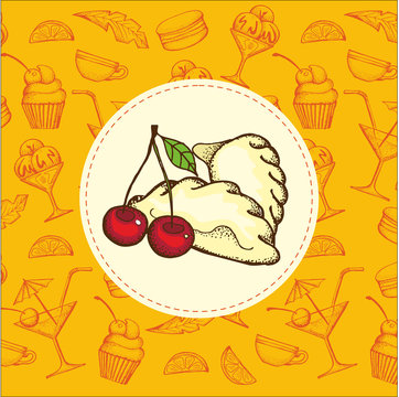 Cartoon dumplings with cherries. Hand drawn vector illustration.