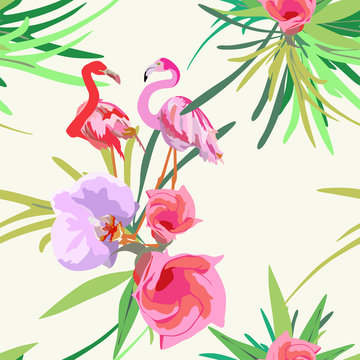 Drawing two of red and pink flamingos,  tropical floral background (the color pink green blue yellow  lilac red white black ), vector fashion print design, trendy fabric texture, seamless pattern