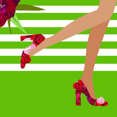 Abstract graphic illustration of female legs in shoes with floral prints (red and pink roses) striped background (green flash and white), color vector design beauty, fashion for women, summer Sale - 114902132